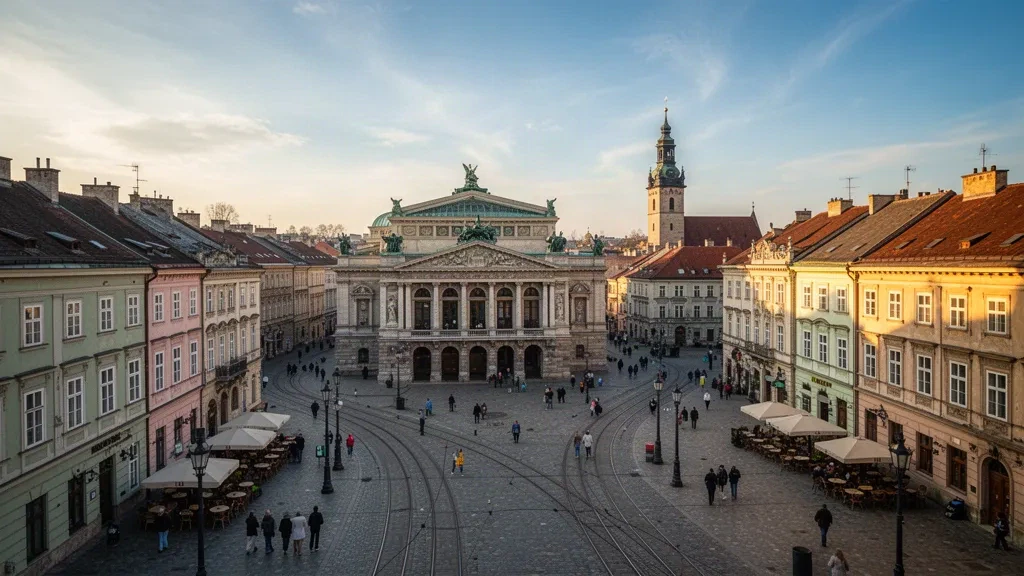 Blick zur goldenen Stunde über die Altstadt von Lviv mit dem Opernhaus und historischen pastellfarbenen Fassaden, Ukraine