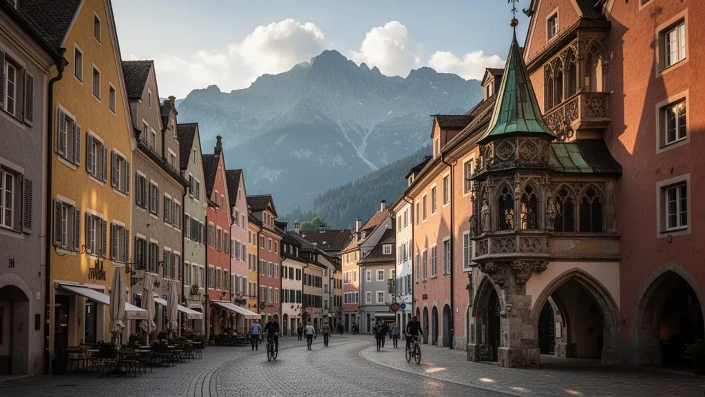 Centro storico di Innsbruck in Tirolo, Austria, con facciate dai colori pastello e le montagne del Nordkette che si ergono dietro i tetti