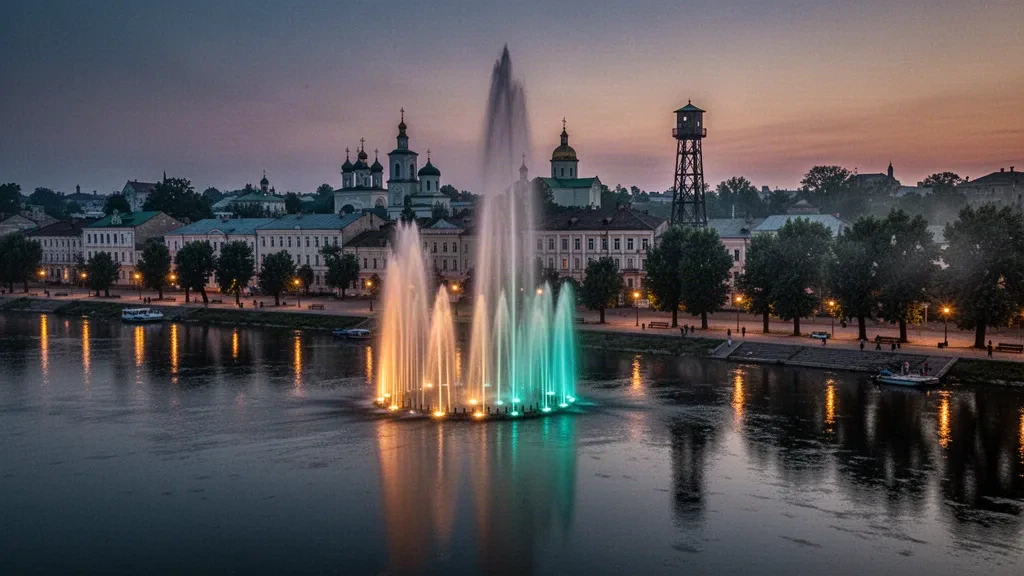 Fuente Roshen iluminada y perfil urbano de la ribera del río Bug Meridional en Vinnytsia, Ucrania, al atardecer