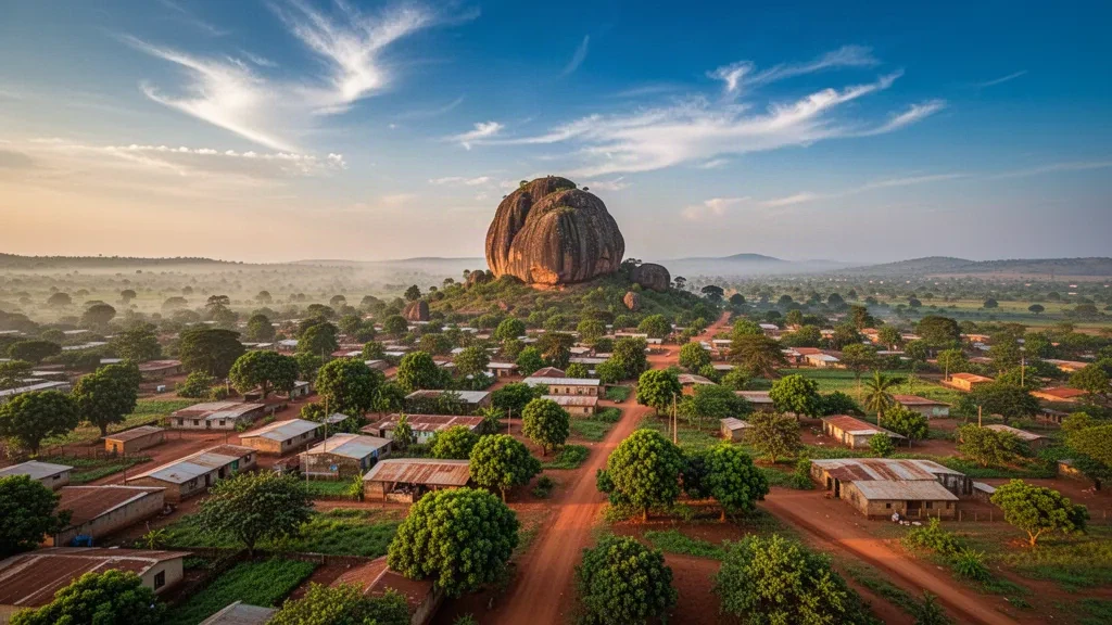 Erhöhte Ansicht des Soroti-Felsens, der über der Stadt Soroti in Uganda aufragt, mit grünen Bäumen und niedrigen Gebäuden unter einem warmen Himmel.