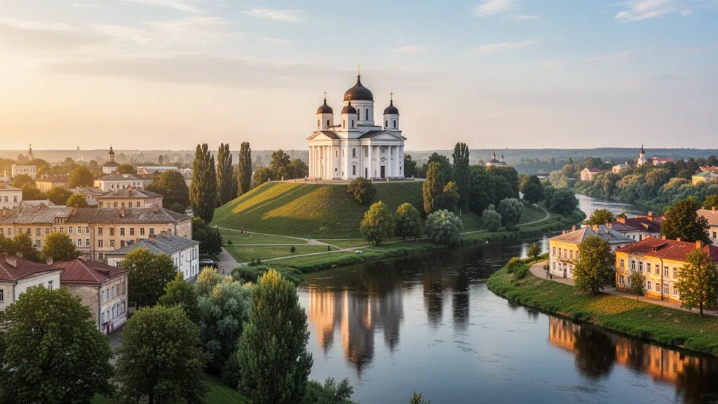 Kale Tepesi'ndeki Transfiguration Katedrali, altın saatlerde Teteriv Nehri ve Ukrayna'daki Zhytomyr silüetine bakıyor