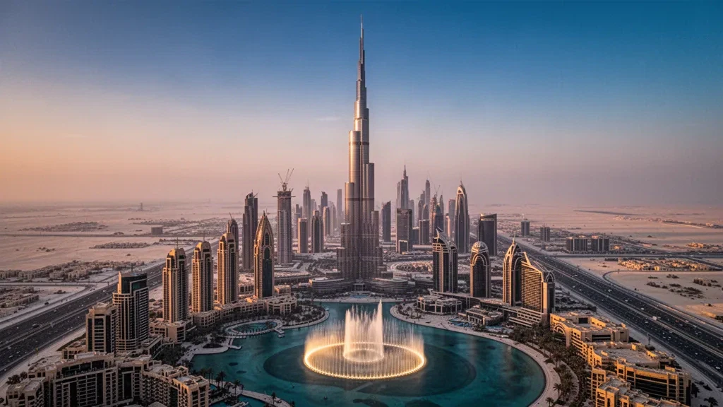 Altın saatte Dubai silüeti; Burj Khalifa, Downtown Dubai'nin cam gökdelenlerinin ve Dubai Çeşmesi'nin üzerinde yükseliyor