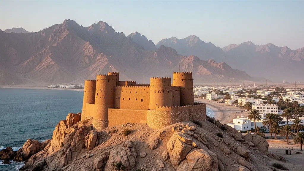 Şehrin üzerindeki kayalık tepede Fujairah Kalesi, altın saat ışığında Hacer Dağları ve Umman Körfezi kıyısı, Birleşik Arap Emirlikleri