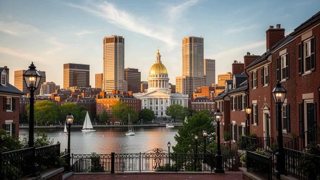 Veduta all'ora d'oro dello skyline di Boston, Massachusetts, e della State House dalla cupola dorata che si erge dietro i brownstone di Beacon Hill lungo il fiume Charles.