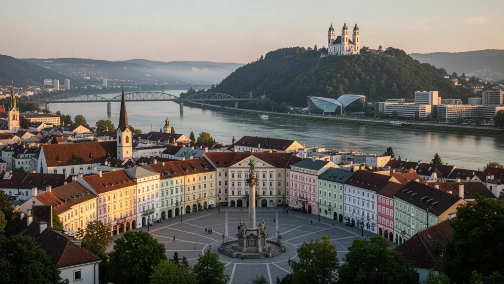 Linz old town and Danube river skyline in Upper Austria, with Hauptplatz, pastel baroque facades and the Pöstlingberg hill at golden hour