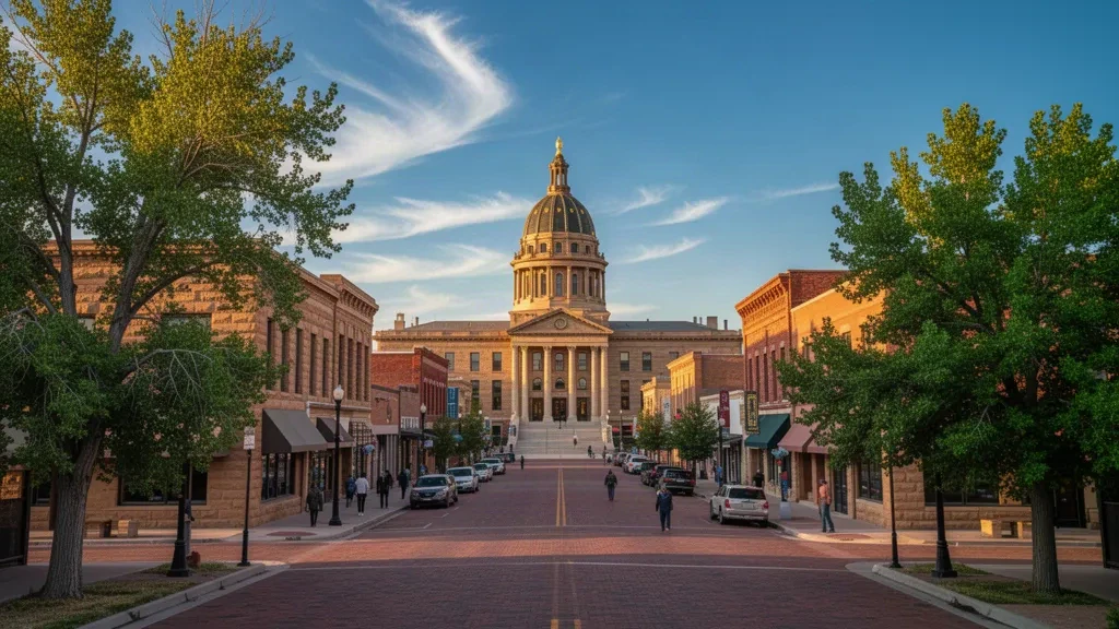 Capitolio del Estado de Wyoming y el centro histórico de Cheyenne a la hora dorada bajo un amplio cielo de las altas llanuras