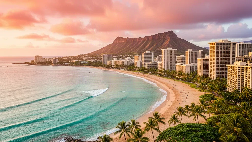 Altın saatte Waikiki Plajı ve Diamond Head ile Honolulu silüeti, Hawaii seyahat destinasyonu.