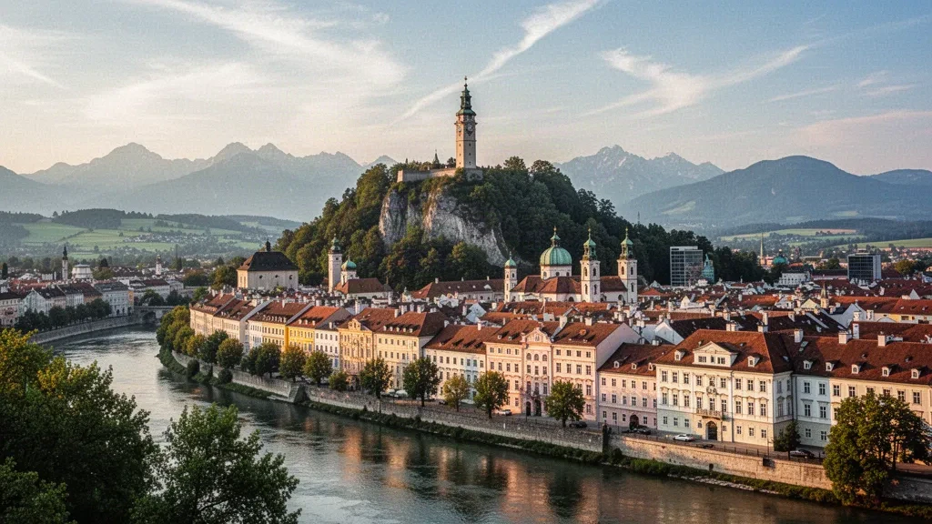 Vista panoramica all'ora d'oro dei tetti del centro storico di Graz, la torre dell'orologio dello Schlossberg e il fiume Mur in Stiria, Austria