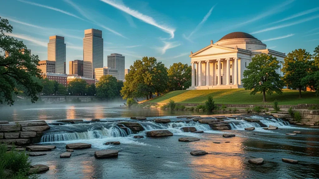 Capitolio del Estado de Virginia y el horizonte del centro de Richmond brillando a la hora dorada sobre los rápidos del río James en Virginia
