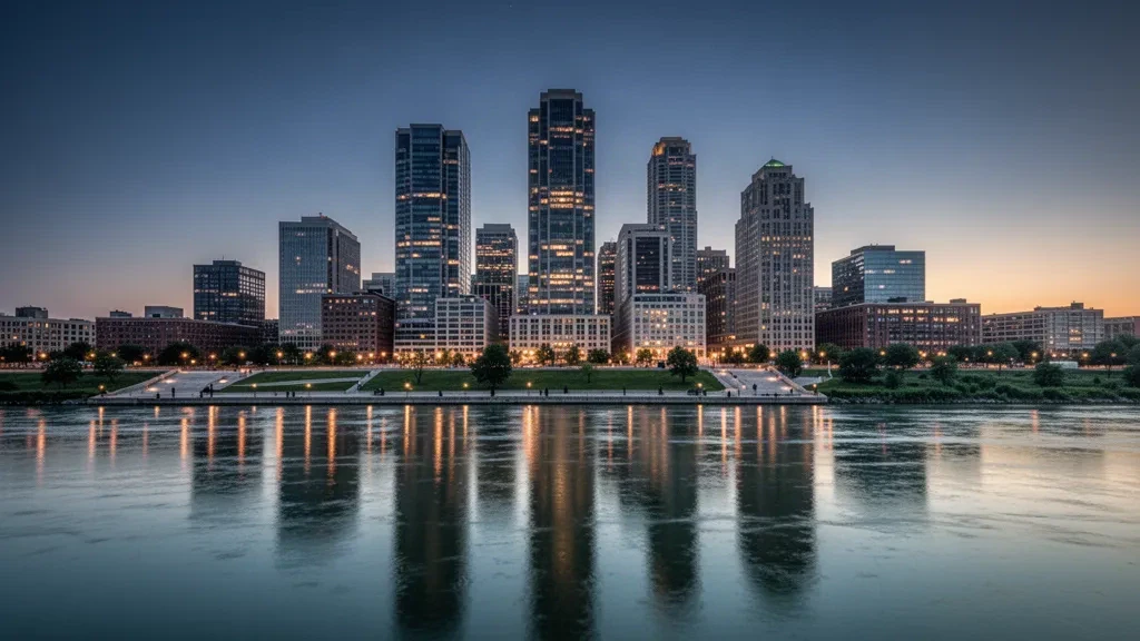 Skyline di Detroit, Michigan, all'ora blu visto attraverso il fiume Detroit, con torri illuminate e morbidi riflessi sull'acqua