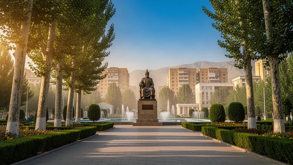 Promenade bordée d'arbres, massifs floraux et monument à Babur dans un parc de Namangan, en Ouzbékistan, sous une lumière chaude d'après-midi