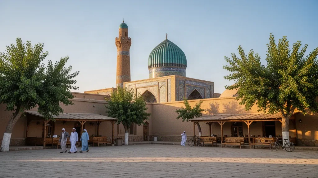 Turquoise-domed historic mosque and brick minaret in Karshi, Qashqadaryo Region, Uzbekistan, lit by warm golden-hour light