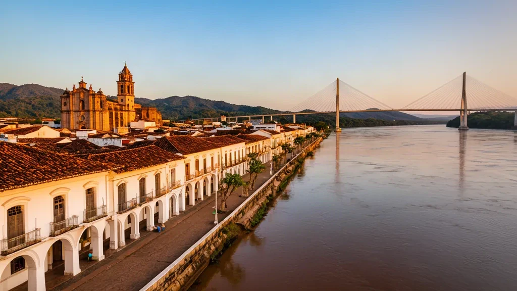 Front de rivière de Ciudad Bolívar sur l'Orénoque à l'heure dorée, avec toits coloniaux et le pont Angostura au loin