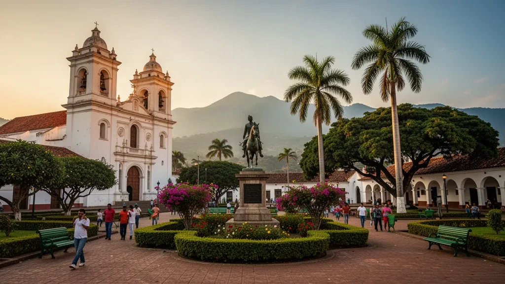 Blick zur goldenen Stunde auf die Plaza Bolívar und die Barinas-Kathedrale mit zwei Türmen in Barinas, Venezuela, umrahmt von hohen Palmen