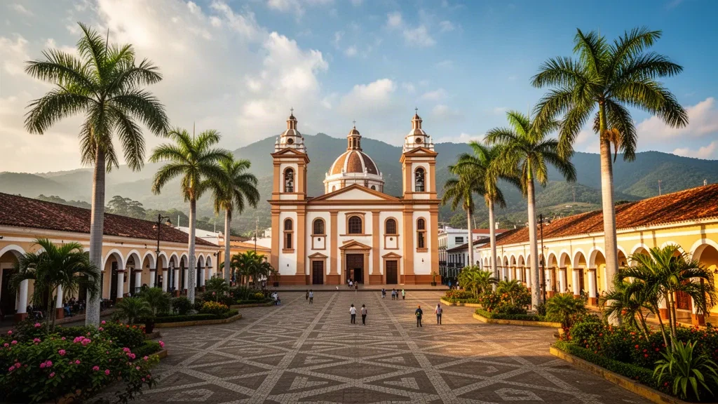 Venezuela, Carabobo, Valencia'da palmiyelerle çevrili ve sıcak tropikal öğleden sonra ışığıyla aydınlanan sömürge dönemi katedral meydanı
