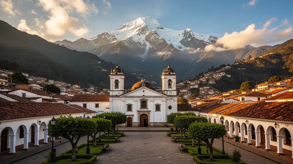 Mérida, Venezuela'da altın saatlerde karla kaplı Sierra Nevada Andeslerinin altında sömürge dönemi meydanı ve katedrali