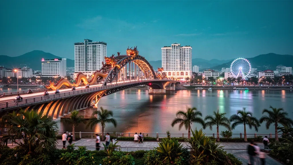 Drachenbrücke über dem Han-Fluss in der Abenddämmerung mit der Skyline von Da Nang und der Uferpromenade im Hintergrund