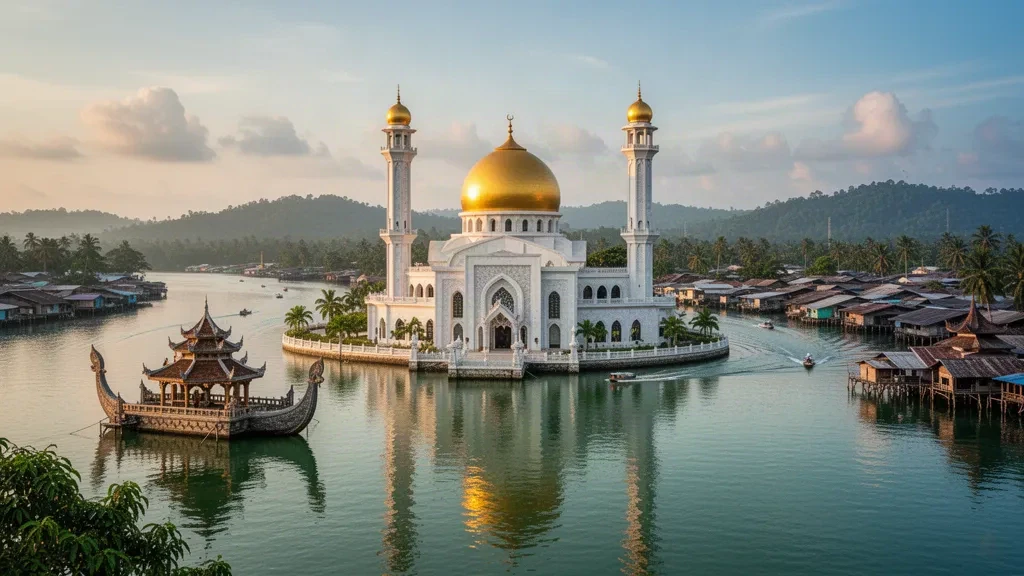 Goldene Kuppel und Marmorminarette der Sultan-Omar-Ali-Saifuddin-Moschee, gespiegelt in ihrer Lagune, mit dem Wasserdorf Kampong Ayer in Bandar Seri Begawan, Brunei