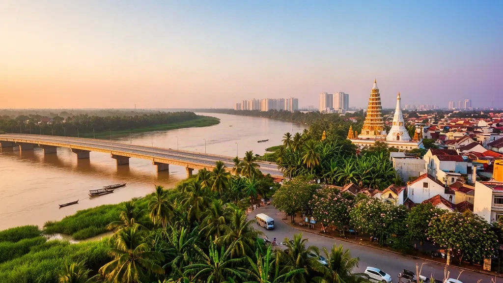 Vietnam'da Biên Hòa şehrinin ve Đồng Nai Nehri'nin altın saatlerdeki nehir kıyısı manzarası, tropikal yeşillikler ve su kenarında bir pagoda kulesi.
