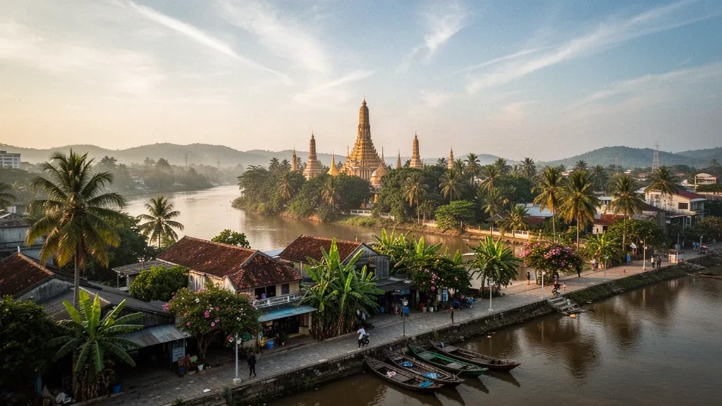 Vietnam, Đồng Nai eyaleti, Biên Hòa'da Đồng Nai Nehri ve nehir kıyısındaki pagodanın altın saatlerdeki manzarası