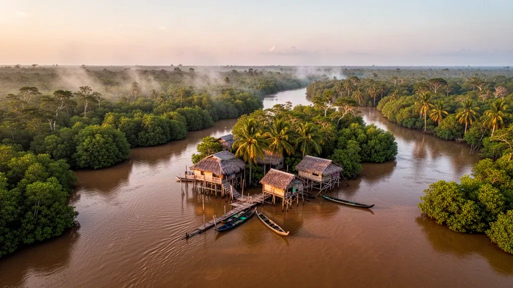 Case su palafitte e canoe scavate lungo un canale bordato di mangrovie nel Delta dell'Orinoco vicino a Tucupita, Delta Amacuro, Venezuela durante l'ora d'oro