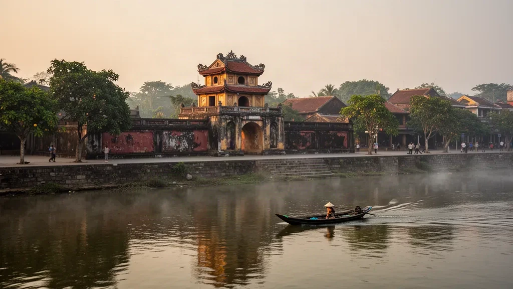 Veduta all'ora d'oro della Cittadella Imperiale di Hue e del Fiume dei Profumi a Thua Thien Hue, Vietnam, con storiche mura reali e una barca di legno
