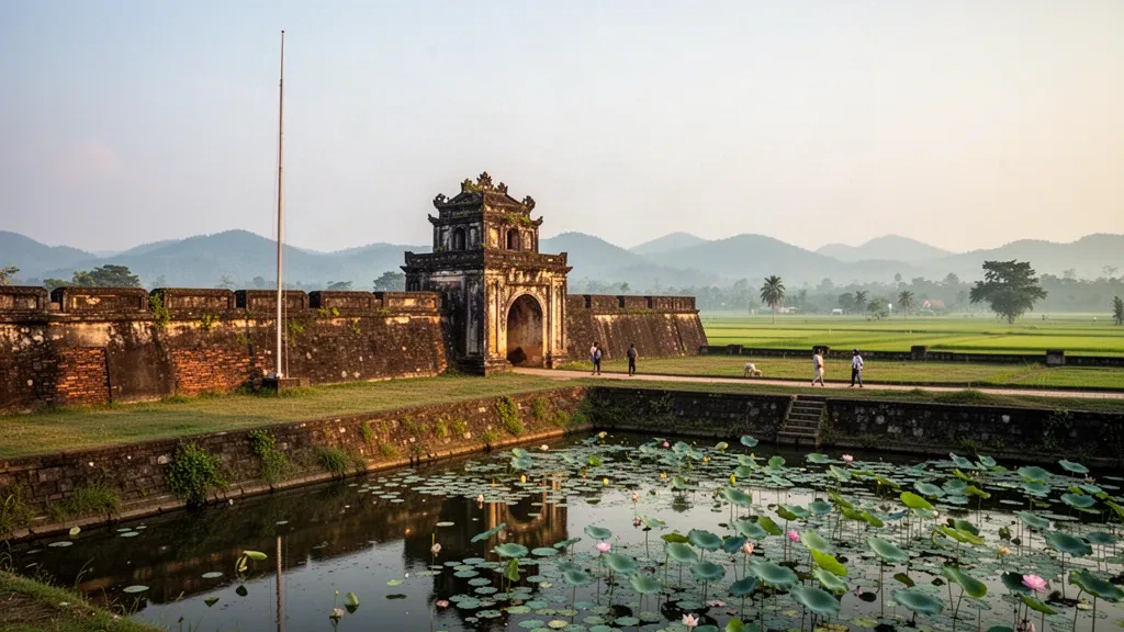 Antiche mura della Cittadella di Quang Tri e fossato pieno di loti nel Vietnam centrale sotto una luce dorata pomeridiana