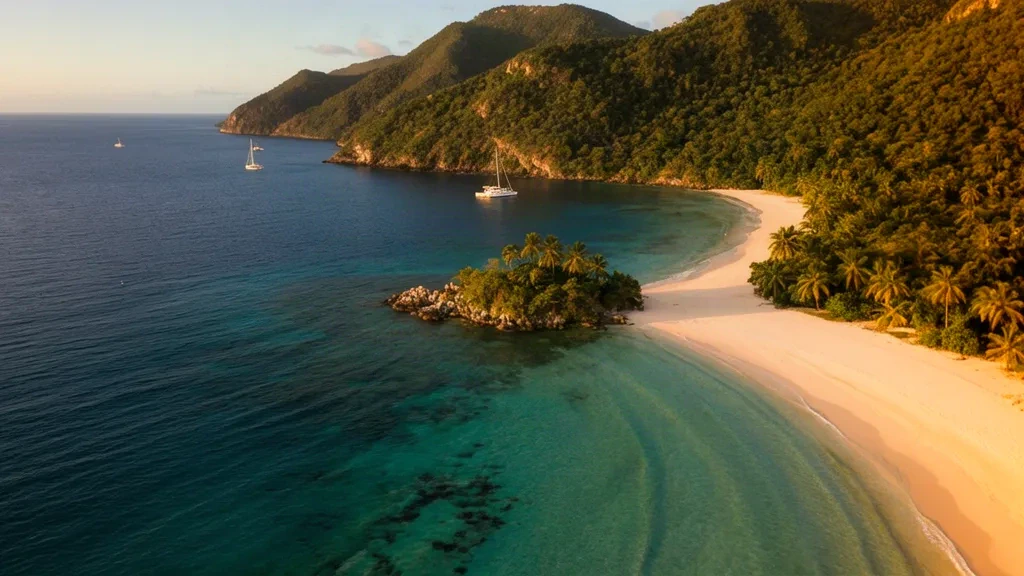Vista aérea durante la hora dorada de una bahía turquesa y una playa de arena blanca en Saint John, Islas Vírgenes de los Estados Unidos, enmarcada por colinas de selva tropical