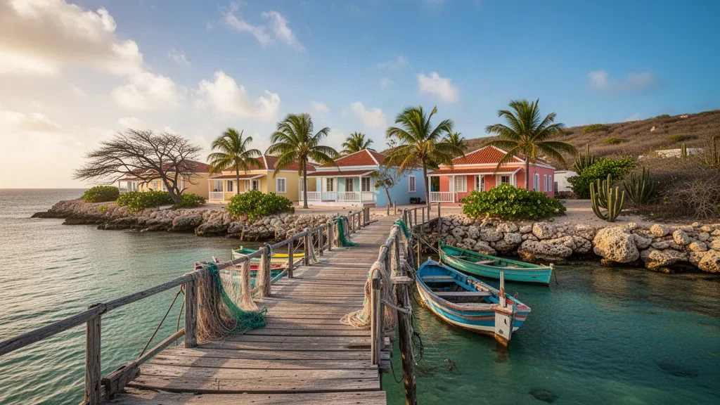 Bateaux de pêche amarrés au ponton en bois de Savaneta, le plus ancien village de pêcheurs d'Aruba, baignés par la chaude lumière du soir des Caraïbes.