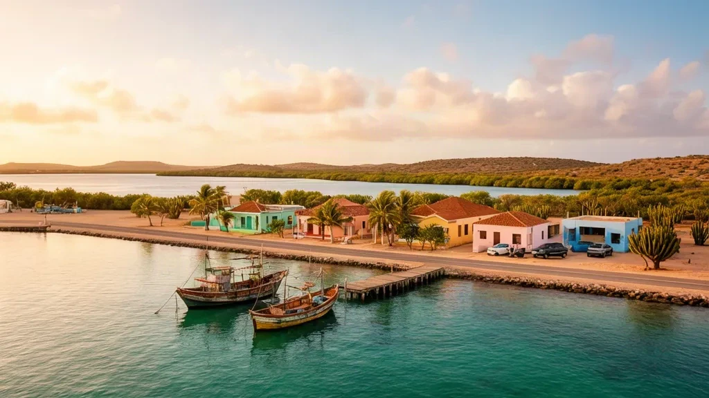 Costa caraibica turchese di Savaneta, Aruba, con barche da pesca in legno, case del villaggio dai colori pastello e palme all'ora d'oro