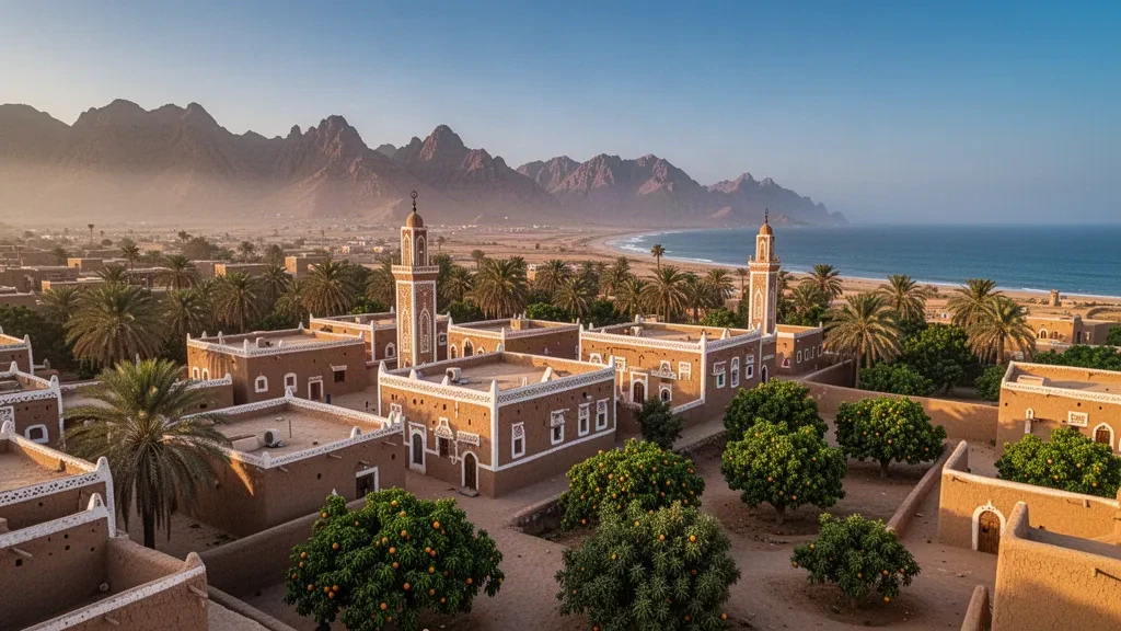 Vista durante la hora dorada de Zinjibar en Abyan, Yemen, con edificios tradicionales de adobe, palmeras y montañas escarpadas.
