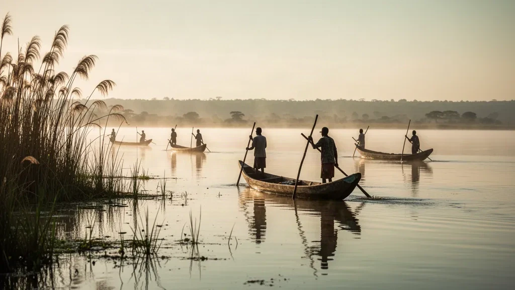 Fischer, die bei Sonnenaufgang Einbäume über den Bangweulu-See in der Nähe von Samfya staken, Provinz Luapula, Sambia