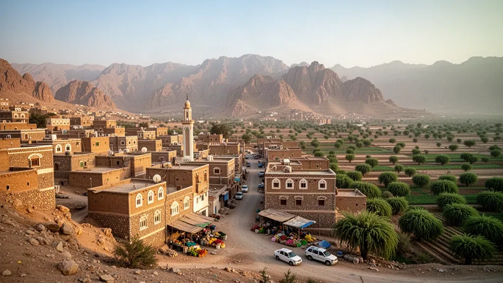 Vista panorámica de la ciudad de Al Bayda en las tierras altas centrales de Yemen, con casas tradicionales de piedra, un minarete de mezquita y colinas escalonadas a la hora dorada.