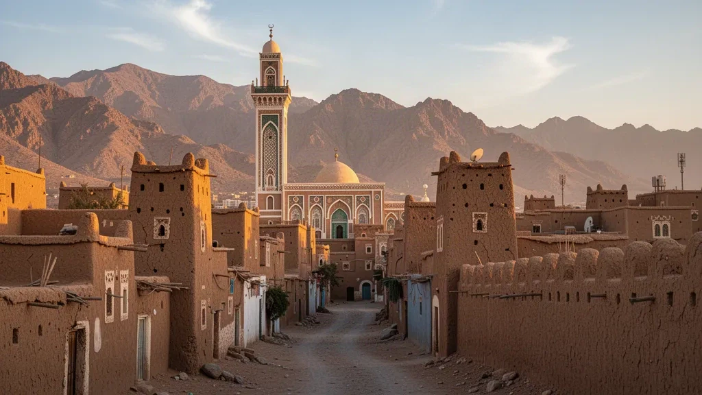 Blick zur goldenen Stunde auf die Altstadt von Saada im Jemen, mit dem Minarett der Al-Hadi-Moschee und traditionellen Lehmziegel-Turmhäusern vor rauem Bergland.