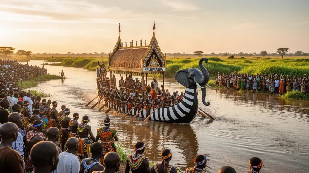 Traditionelle Lozi-Paddler auf der königlichen Nalikwanda-Barke während der Kuomboka-Zeremonie in Mongu, Sambia.