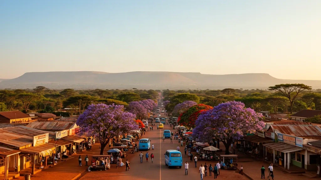 Escena urbana de Kasama, provincia del Norte, Zambia, durante la hora dorada, con avenidas bordeadas de jacarandas, edificios del mercado y colinas de meseta en la distancia.