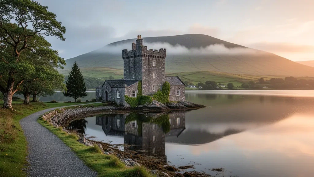 County Kerry, İrlanda'da Killarney Ulusal Parkı'ndaki Lough Leane kıyısında altın saatte Ross Kalesi