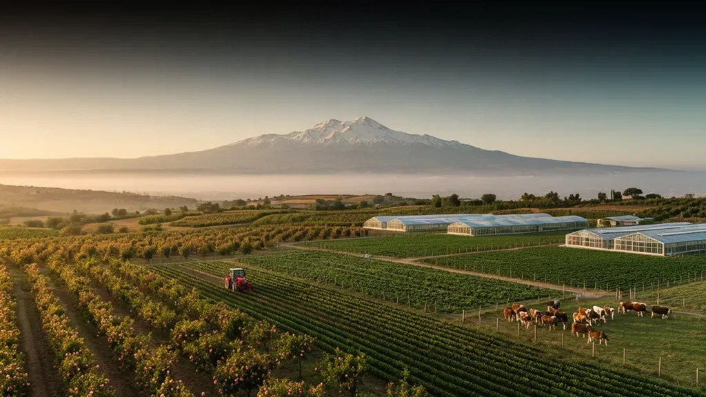 Sunrise over Bursa farmland and orchards with Uludağ in the distance, backdrop for AgroGreen Bursa Tarım ve Hayvancılık Fuarı 2026.
