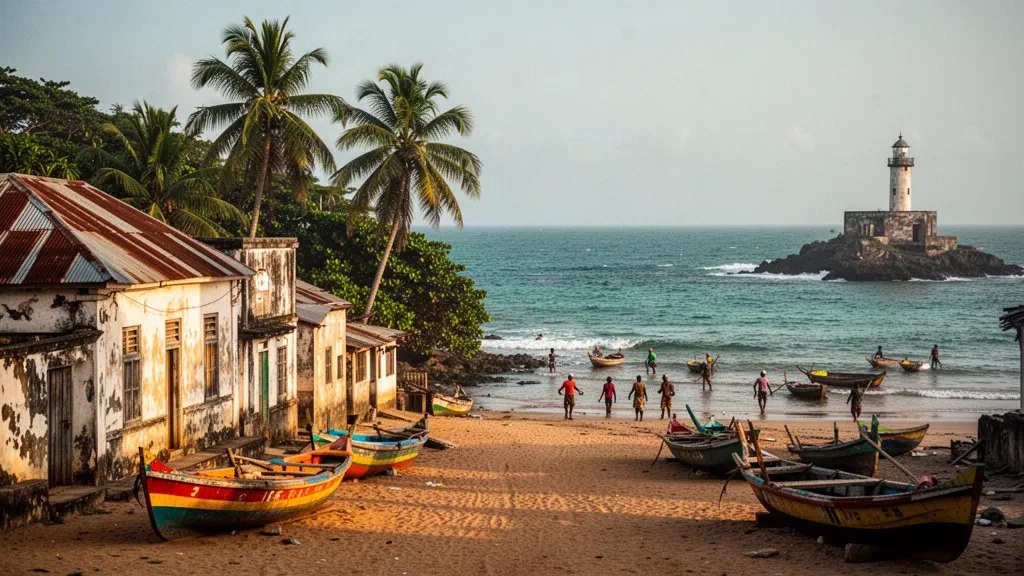 Golden-hour view of Harper in Maryland County, Liberia, with Cape Palmas shoreline, fishing canoes and colonial buildings along the Atlantic coast