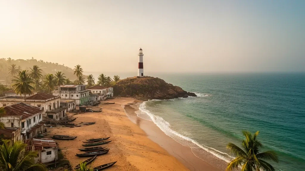 Panorama à l'heure dorée de Harper, comté de Maryland, Liberia, avec le phare du cap Palmas, la plage bordée de palmiers et le ressac de l'Atlantique.