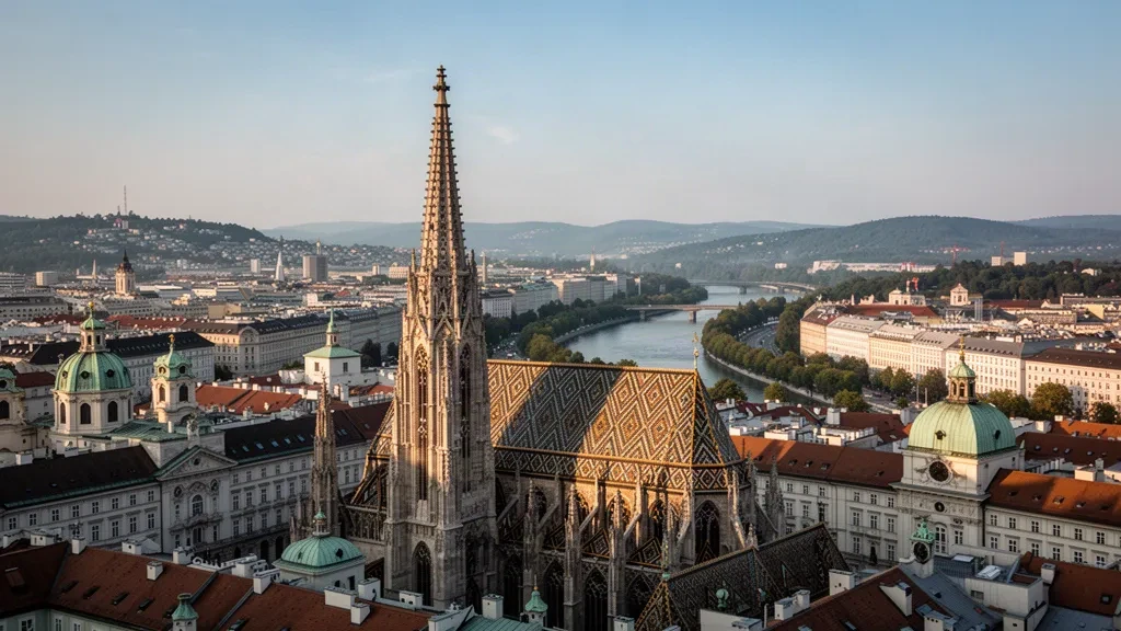 Vue à l'heure dorée sur les toits du centre historique de Vienne, avec la cathédrale Saint-Étienne dominant l'horizon de l'Innere Stadt en Autriche