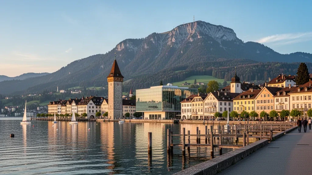 Bregenzer Altstadt und Bodensee mit dem Pfänder in Vorarlberg, Österreich, zur goldenen Stunde