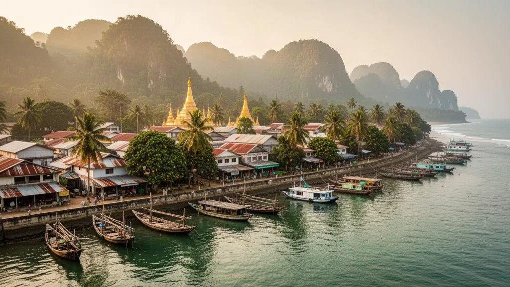 Vista durante la hora dorada sobre Dawei en la región de Tanintharyi, Myanmar, con barcos pesqueros en la ribera, tejados de la ciudad y una aguja de pagoda dorada bajo colinas boscosas.