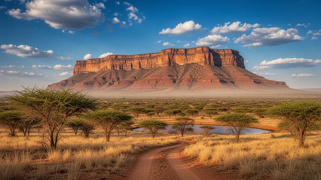 Acantilados de arenisca de la meseta de Waterberg sobre la sabana de acacias cerca de Otjiwarongo, Otjozondjupa, Namibia, con luz cálida de tarde