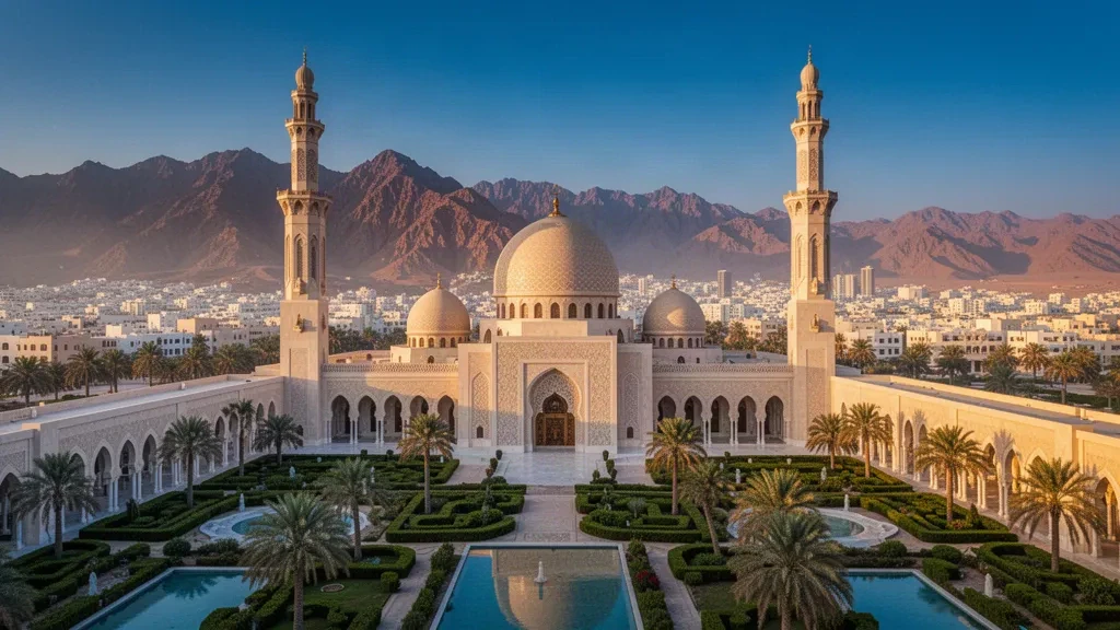 Sultan Qaboos Grand Mosque in Muscat, Oman at golden hour, its dome and minarets rising above gardens with mountains behind