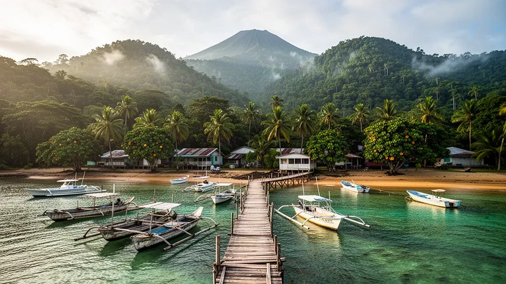 Pirogues à balancier traditionnelles le long du front de mer du passage de Buka à Bougainville, Papouasie-Nouvelle-Guinée, avec des collines volcaniques boisées à l'arrière-plan