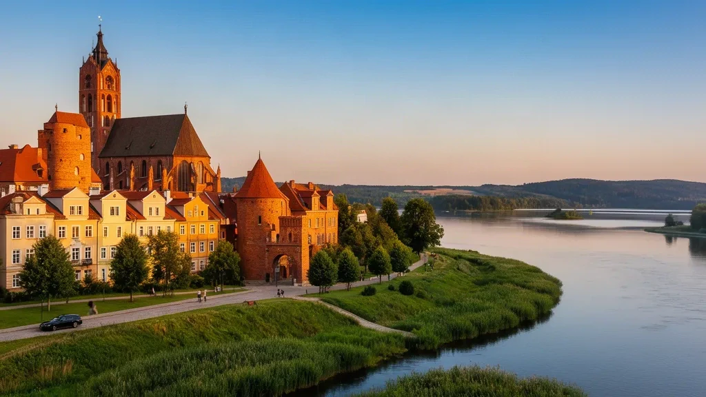 Blick zur goldenen Stunde über die Altstadt von Olsztyn in Ermland-Masuren, Polen, mit ihrer backsteinroten Kathedrale und der Skyline am Seeufer