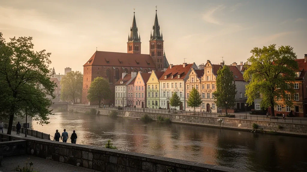 Vieille ville d'Olsztyn avec le château du chapitre de Varmie et les flèches de la cathédrale au-dessus de la rivière Łyna en Warmie-Masurie, en Pologne
