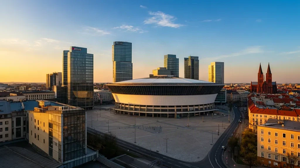 Skyline von Katowice zur goldenen Stunde mit der Spodek-Arena und moderner Architektur der schlesischen Stadt in Polen