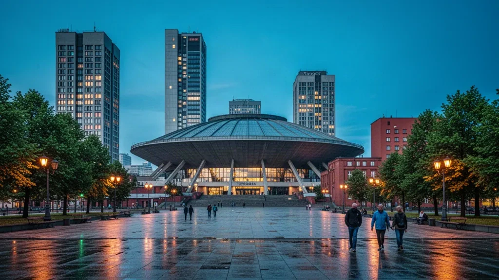 Les toits de Katowice avec l'arène Spodek en Silésie, en Pologne, photographiés au crépuscule avec une architecture moderne et des lumières urbaines chaleureuses.